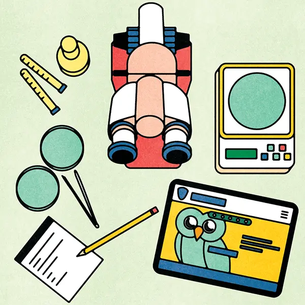 Laboratory equipment including a microscope, petri dishes, a notepad, and a computer screen displaying an owl graphic.