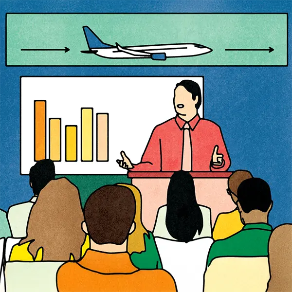 Presenter speaking to an audience with a bar graph on screen and an airplane graphic above.