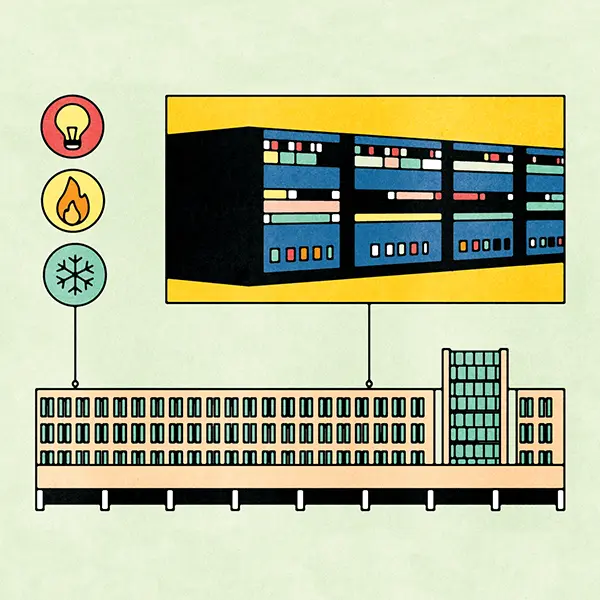 Building infrastructure graphic showing electricity, heating, and cooling systems.