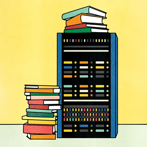 Stack of books next to a server rack symbolizing research libraries and data storage.