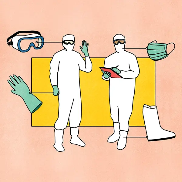 Two safety officers in protective suits with gloves, goggles, masks, and boots illustrated.