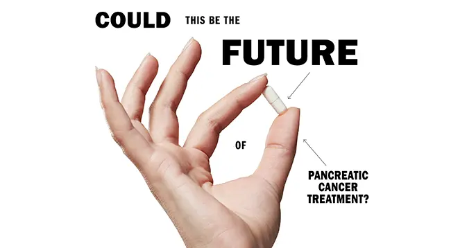 Hand holding a small white pill with text reading 'Could this be the future of pancreatic cancer treatment?'