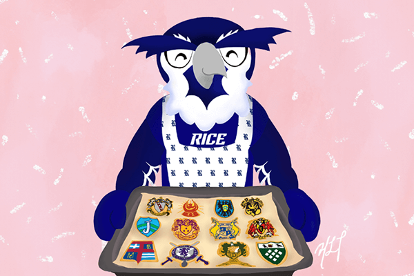 Sammy the Owl with cookies in the shape of the residential college crests