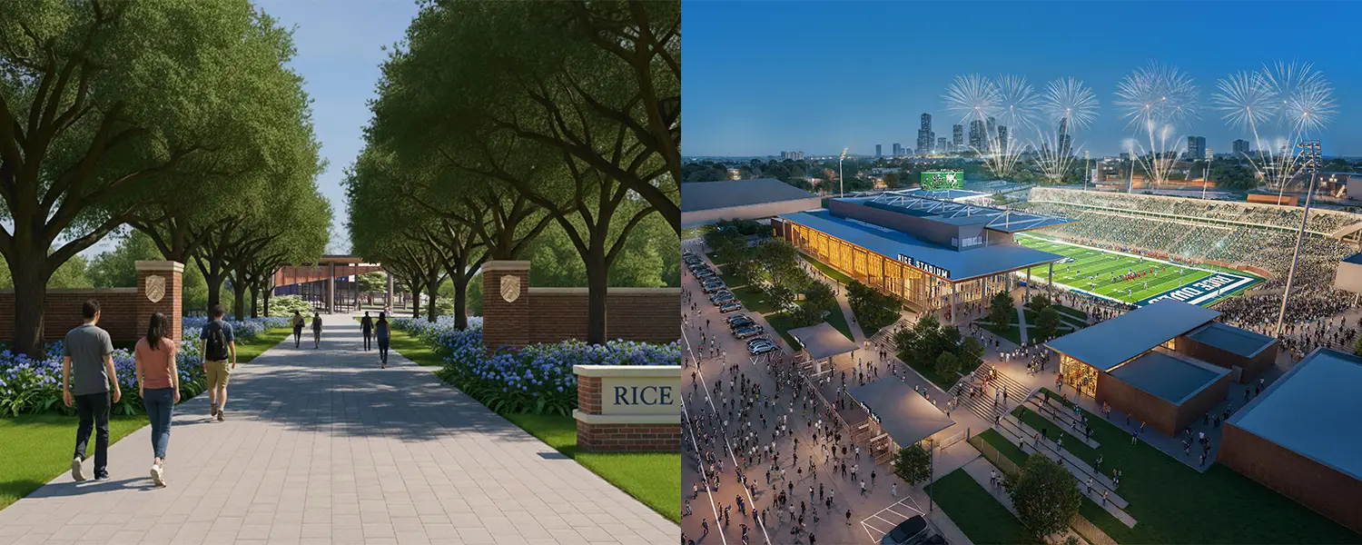 Gateway Main Entrance + Stadium at night with fireworks