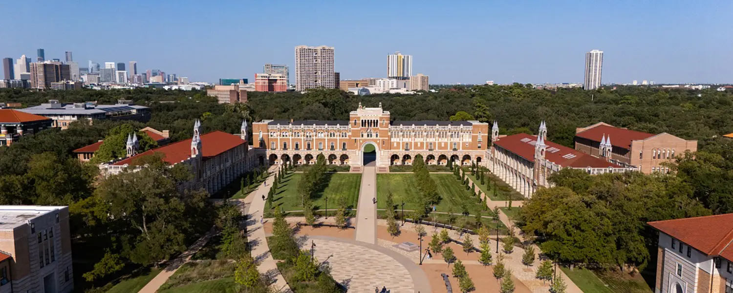 Lovett Hall and Academic Quad with Downtown Houston in background