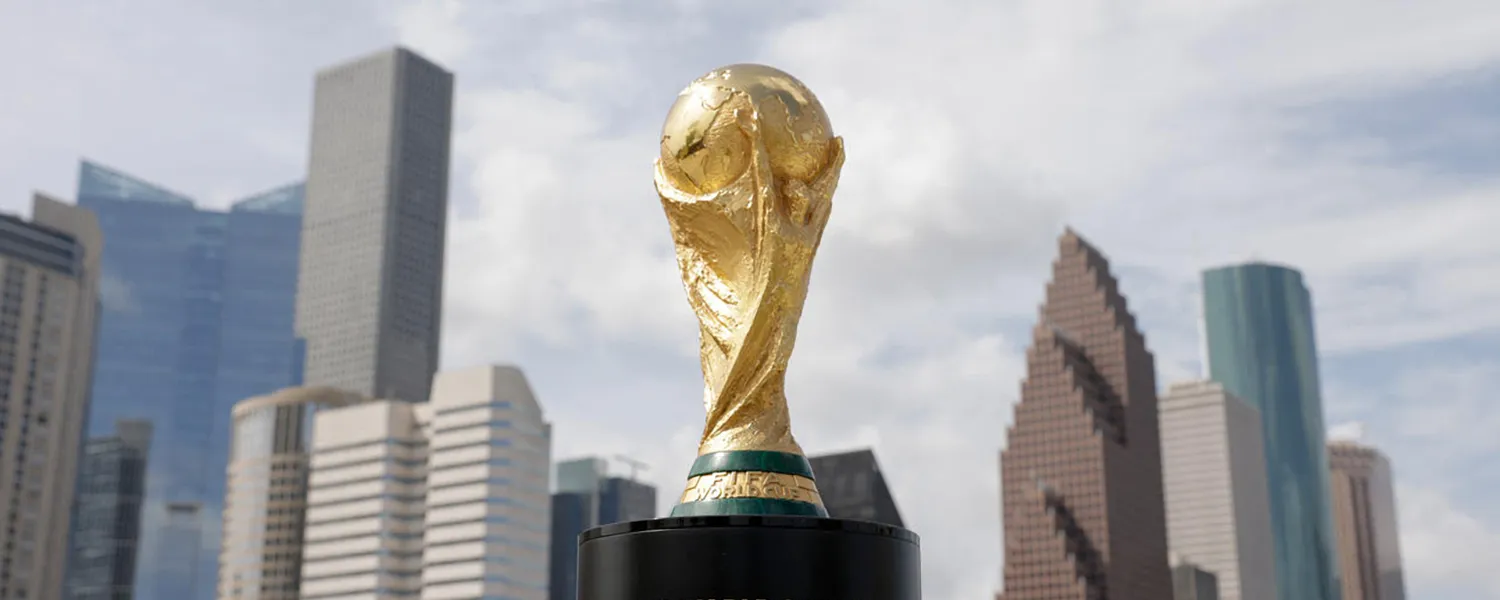FIFA World Cup Trophy with HOuston in background