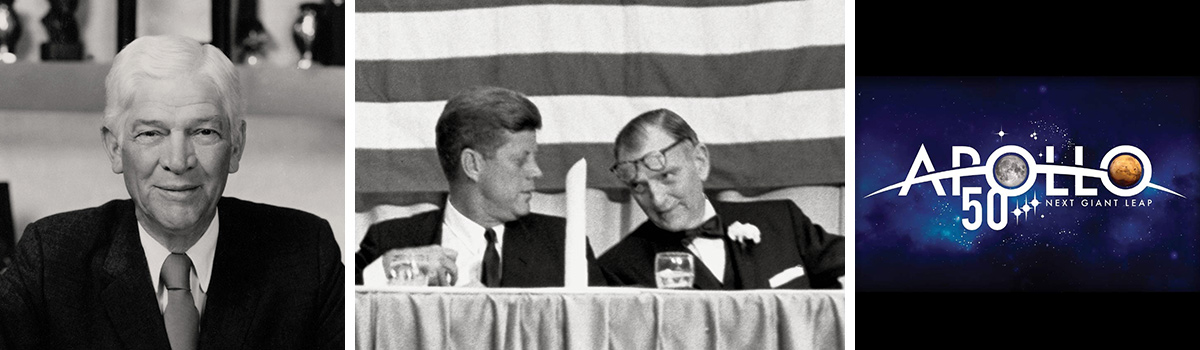George R. Brown ’20, JFK, Congressman Albert Thomas ’20 and the Apollo 50 Next Giant Leap logo
